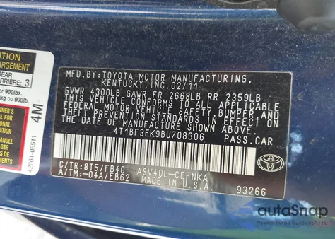 2011 Toyota Camry из США, поврежденный, VIN 4T1BF3EK9BU708306